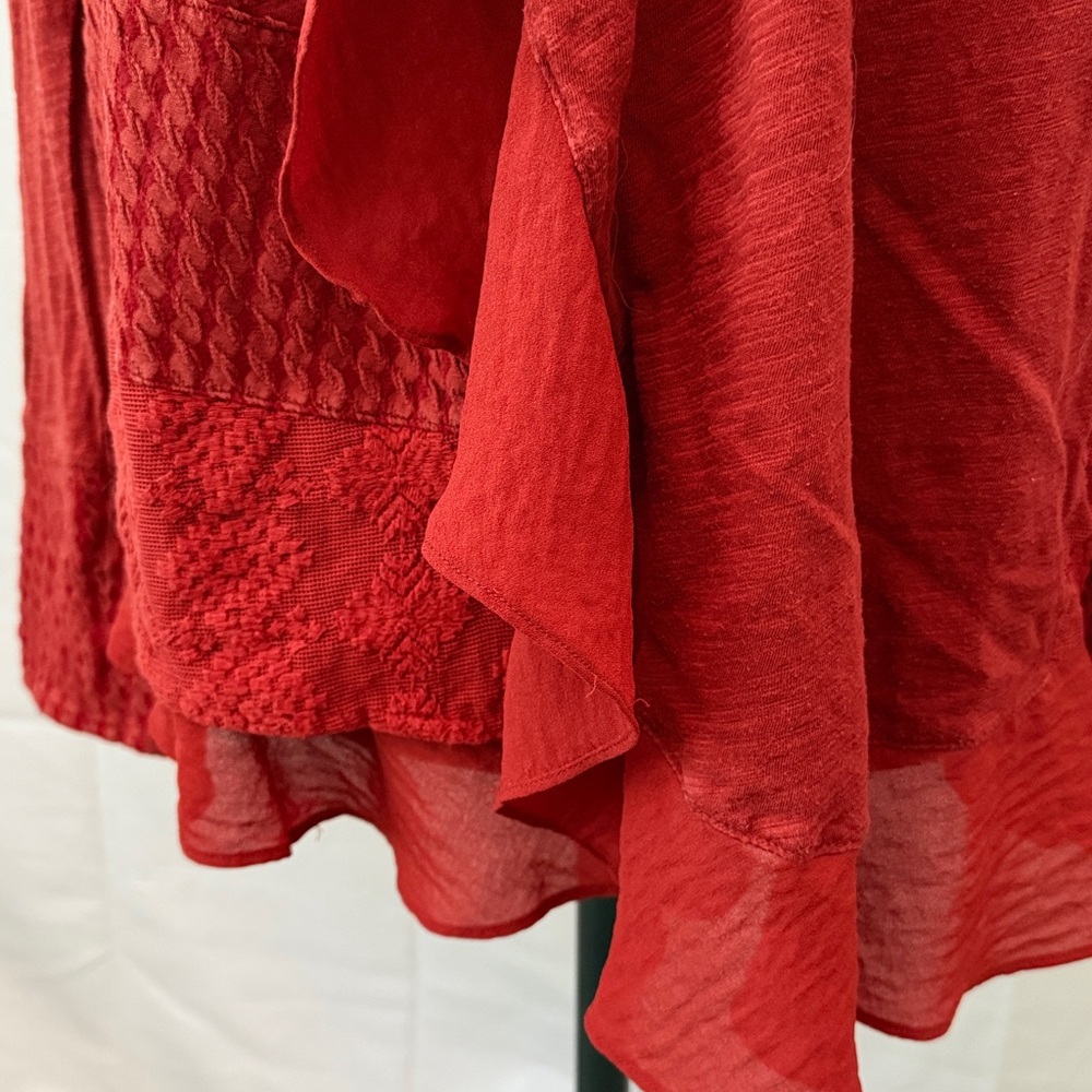 Meadow Rue Rust/Red Light Weight Open Front Patchwork Cardigan - Picture 3 of 10